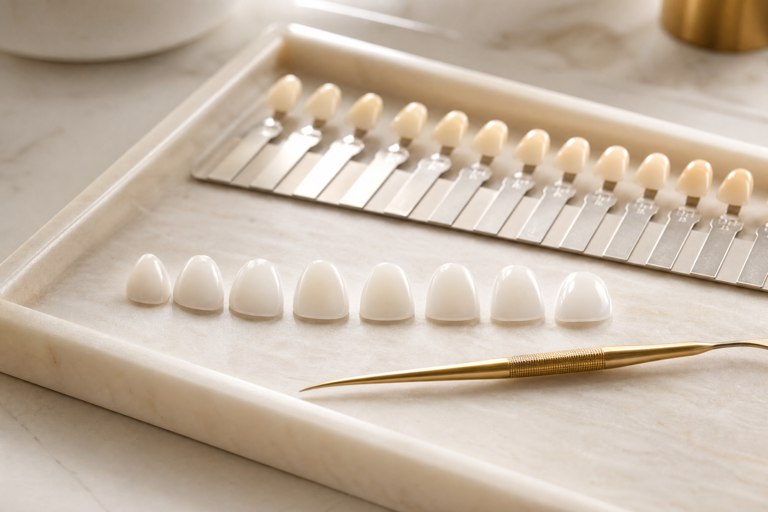 Porcelain veneers and shade guide at Melbourne Cosmetic Dentists